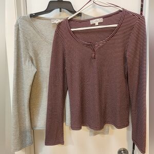 Pink Republic Striped Ribbed Long Sleeve Tops — Burgundy & Cream